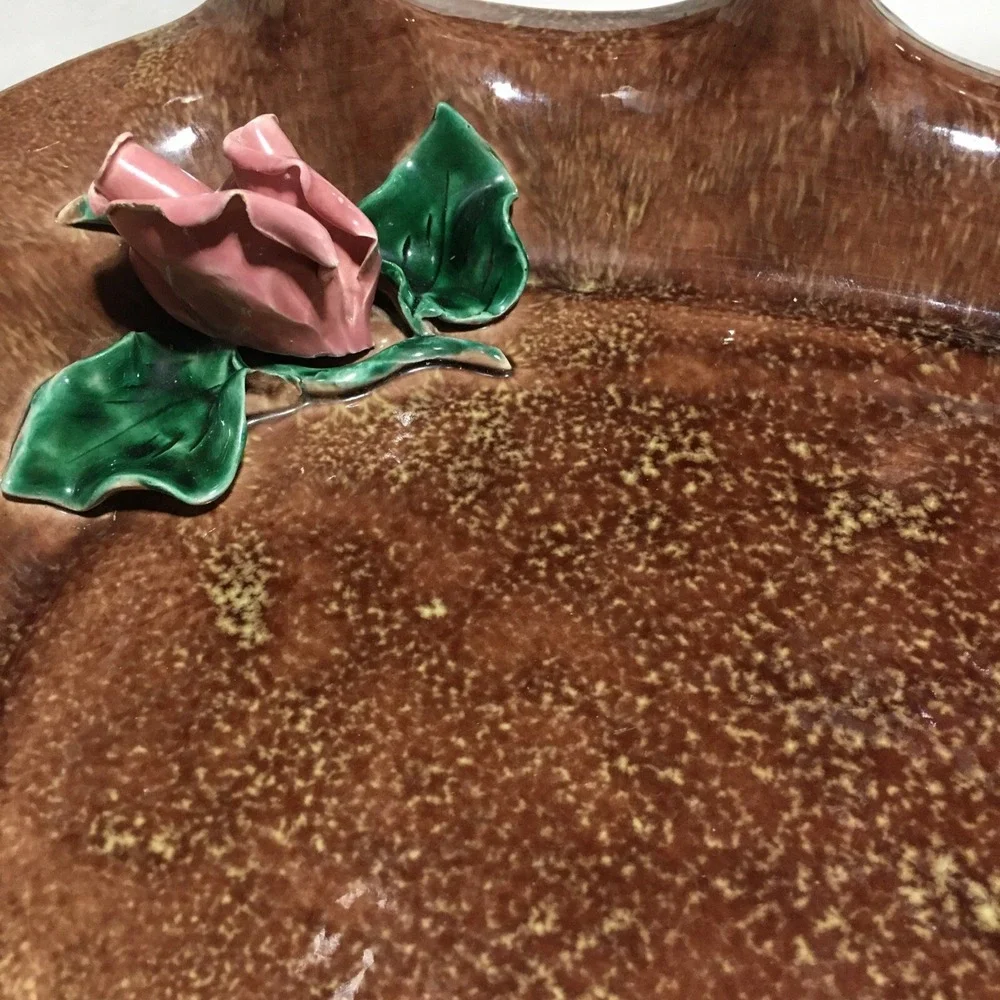 Vintage HAND THROWN POTTERY BOWL DISH APPLIED 3- D PINK ROSES